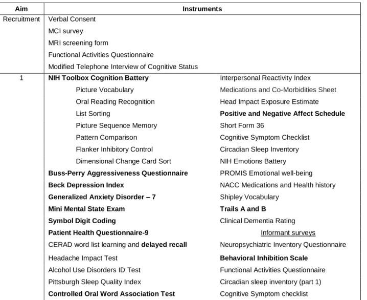 Table 3.1: Overview of instruments and methods. Bolded items are primary outcomes. 