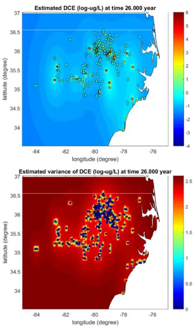 Figure 3: BME Expected Value (a) and Error Variance (b) Map for DCE, 2011  The model aims to have higher expected values around the hard data points with elevated  recorded concentrations and then uses the covariance model and simple kriging, where the mea