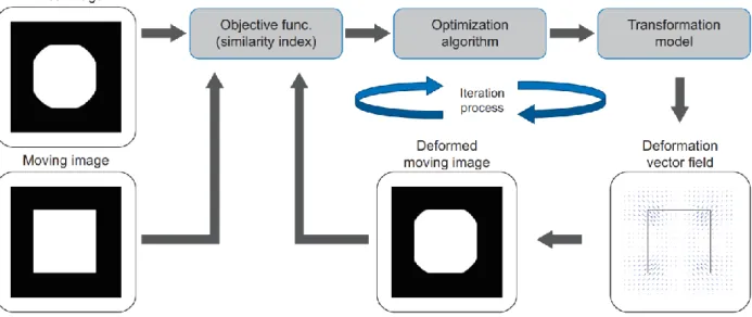 Fig. 2.2. Model of Optimization-based DIR Algorithm Functional Structure. The similarity index is calculated given  a fixed (reference) image and a moving (target) image