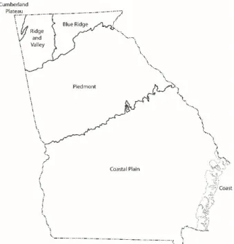 Fig. 2.1. Physiographic Provinces of Georgia. Modified map based on by Griffith et al