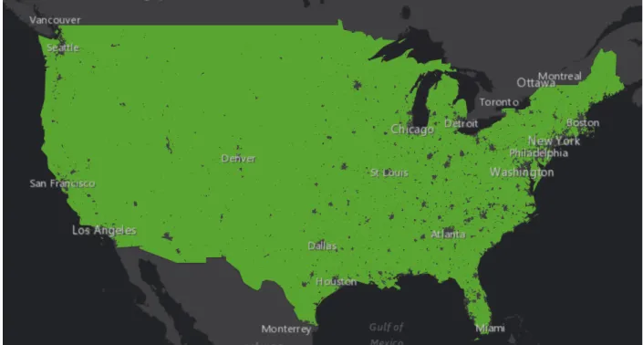 Figure 3.1. Rural America. Rural areas (green) as defined by the U.S. Census Bureau. 