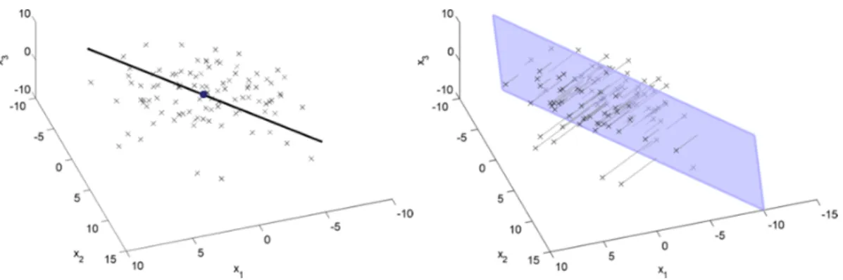 Figure 5.6: Sample points in 3-space with mean and PC1 direction, and the aﬃne subspace formed by PC1–2 directions.