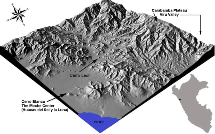 Figure 2-2. Hillshade 3d relief of the Moche Valley watershed Digital Elevation Model (30m  resolution) indicating important locations discussed in the text