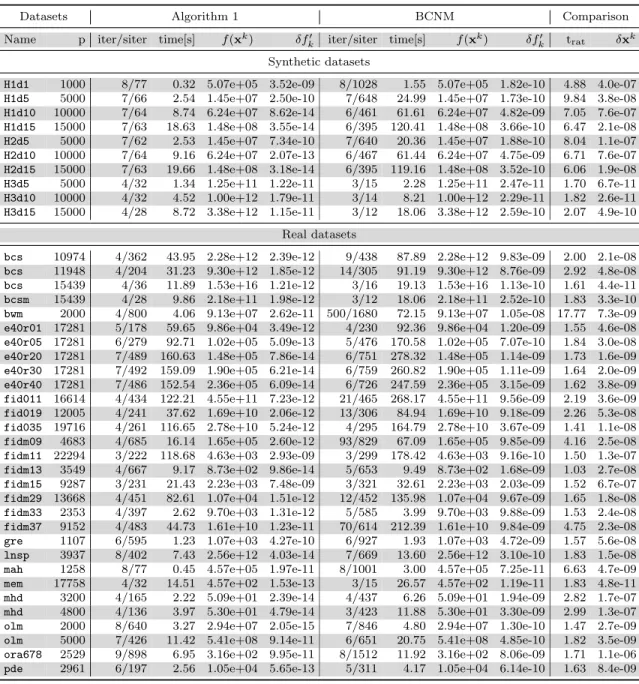 Table 4.3: Summary of the results of Algorithm 1 and BCNM on 10 synthetic and 30 real problem instances