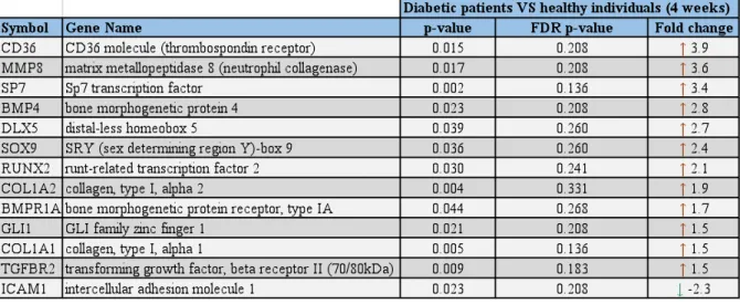 Table 6. Gene expression of human osteogenesis genes comparing patients with T2DM  versus healthy individuals at 4 weeks