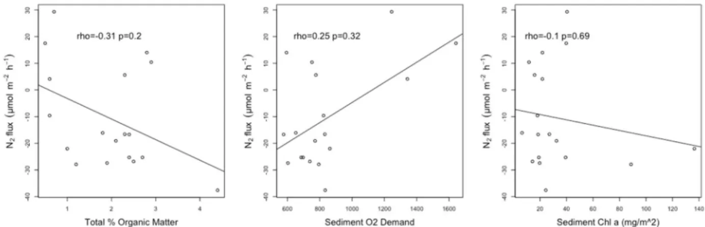 Figure 5. Linear regressions between N 2  flux values and sediment chl α, %OM and SOD (μmol  m -2   hr -1 ) combined by basin