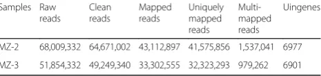 Fig. 1 Volcano plots of up/downregulated and not differently expressed unigenes between MZ-2 and MZ-3