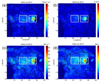 Figure 2. (a, b) Lightning FRD in ﬂ km−2 yr−1 calculated at a resolution of 0.05◦ from WWLLN data in the area of Congo Basin for 2012and 2013, respectively
