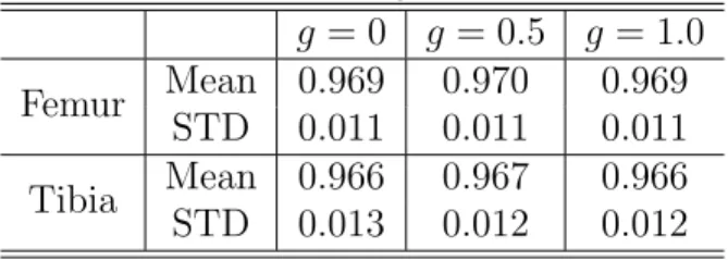 Table 4.1: Statistics (mean and standard deviation (STD)) of DSC of bone segmentation on 18 test images with and without spatial regularization.