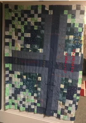 Figure 1: As the entry piece to the installation, as well as an entryway to thinking about the  connections and crossovers between text and textile, I sewed a quilt face from scraps of leftover  projects