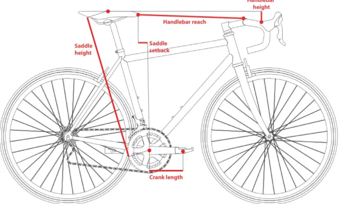 Figure 1. Bicycle Measurements: Saddle height, saddle setback, handlebar height, handlebar reach, and  crank length