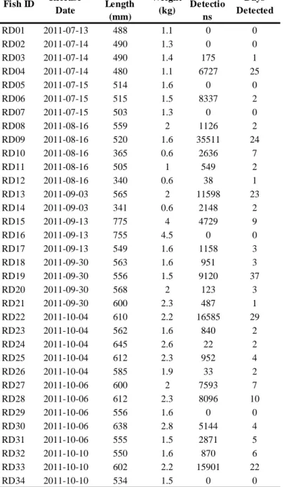 Table 2.1 Summary of 34 red drum tagged with acoustic transmitters and tracked within the  LOTEK fine scale positioning array within Middle Marsh in central North Carolina