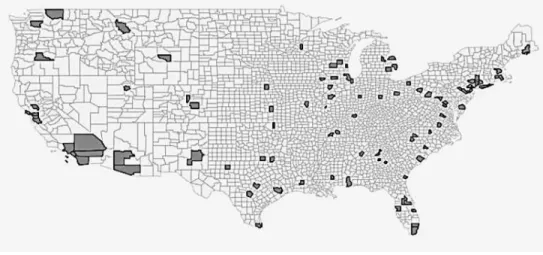 Figure 4.1. U.S. counties (N= 97) randomly selected to create the study area. Shaded counties are  those that were selected