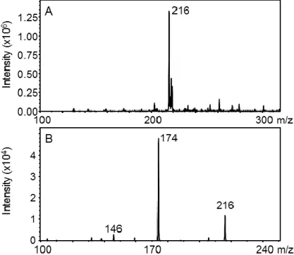 Figure 2.10: A) Mass spectrum of atrazine (100 ppm in  MeOH) analyzed using the Mk. 3 ion source