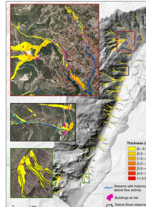 Figure 10. Debris ﬂow run-out modeling on the basin scale, con-sidering excess rain of 30 mm h−1 (Scenario A).