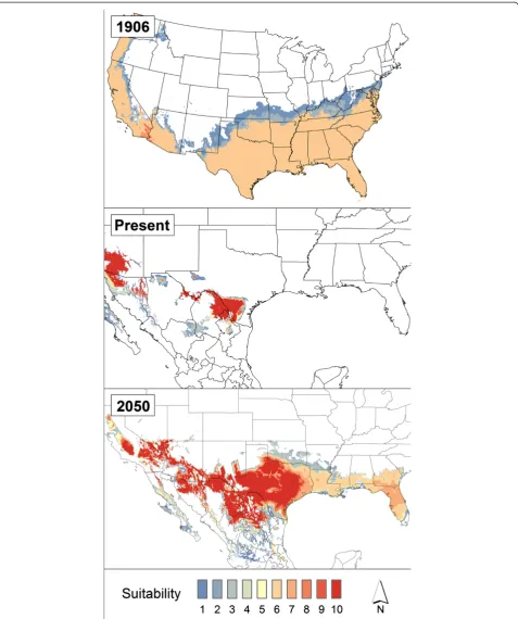 Figure 3 Model predictions for R. annulatus. Models developed with ‘ALL’ data identify areas of climate suitability for R