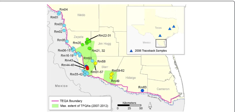 Figure 1 Map of sampling locations for Rhipicephalus microplus ticks in southern Texas