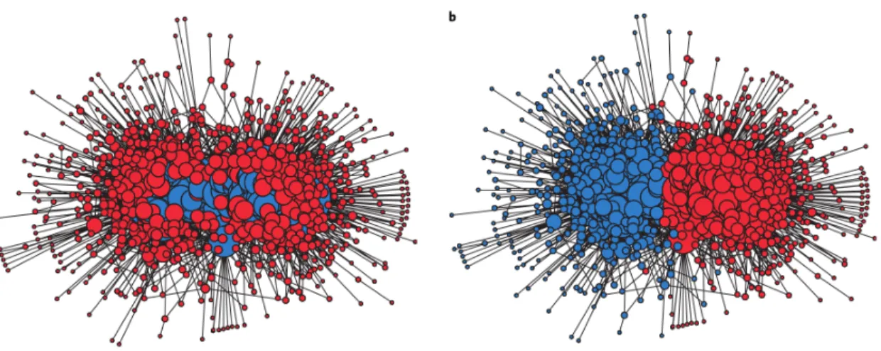 Figure 1.3: Visualization of a political blog network, labels estimated by the standard SBM (a) and the DCSBM (b) (Newman, 2012).