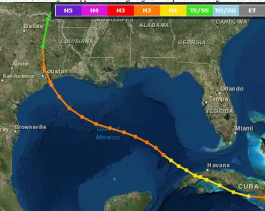 Figure 6-2: Storm track of Hurricane Ike. Dots denote 6-hour intervals and landfall. 