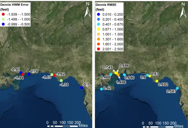 Figure 6-23: Geographic distribution of peak water level error (left) and time series RMSE (right) at NOAA stations