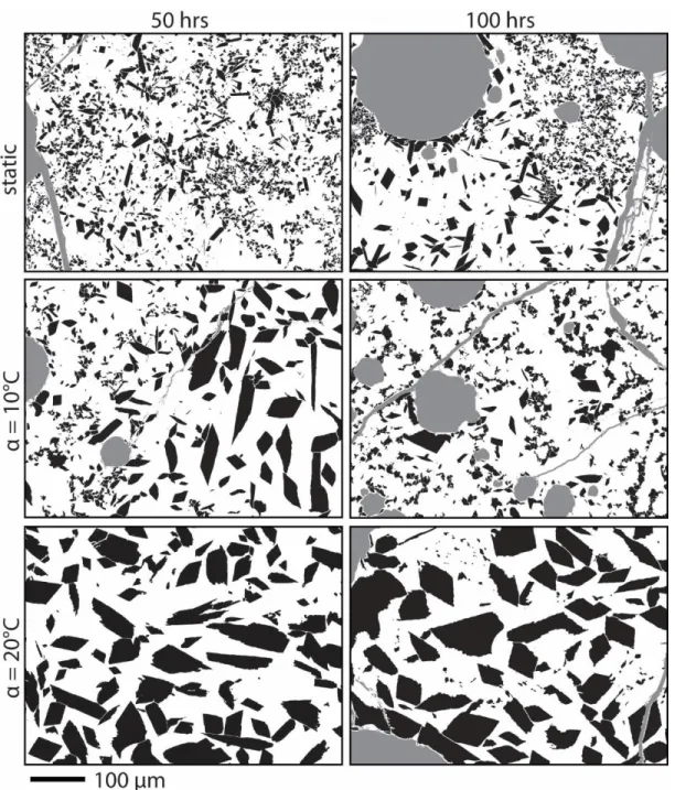 Figure 8. Processed images from α experiments with columns representing 50 and 100-h runs, and rows  representing static, α 10 and 20°C
