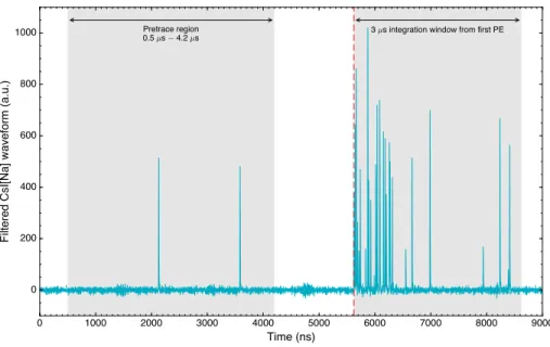 Figure 4.14: Detail view of the CsI[Na] scattering detector waveform shown also in Figures 4.15 and 4.16.