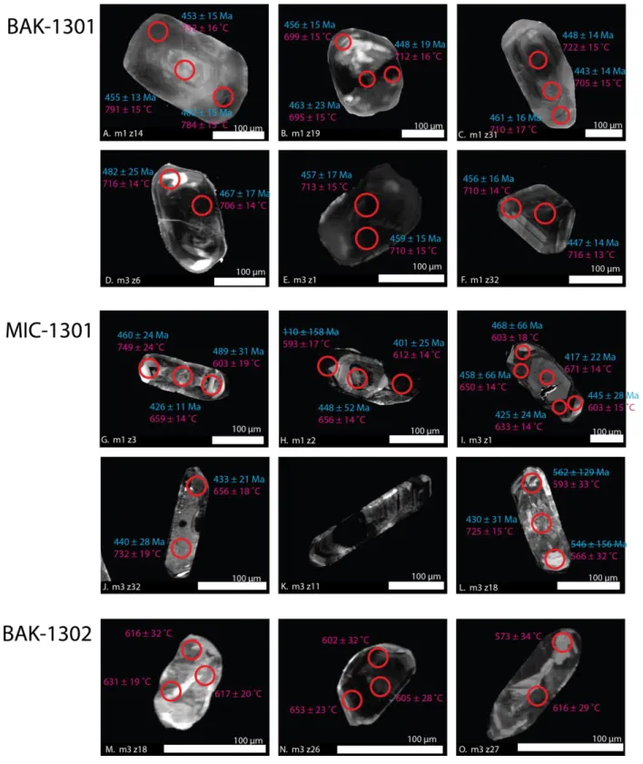 Figure 5. CL images showing the large, rounded zircons of the eclogite BAK-1301,  compared to the more elongate zircons of the amphibolite MIC-1301