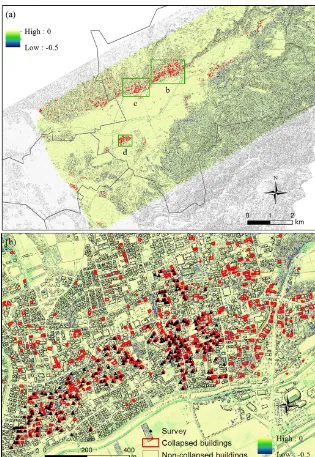 Figure 14. (a) A map showing the distribution of collapsed (�H< − 0.5 m) buildings, shown as red polygons, in the study area