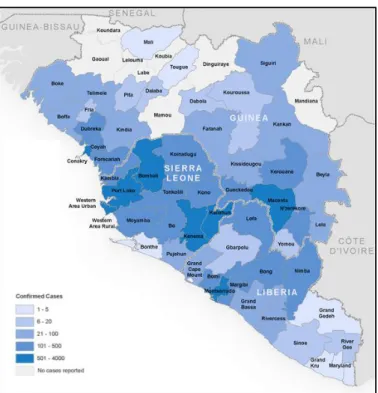Figure 1.1. Map of West African Ebola outbreak (WHO). 