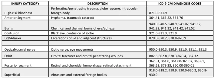 Table 2. Eye injury category, description and ICD-9-CM codes of eye injuries. High-risk blindness  is defined by US Eye Injury Registry data in 2006 