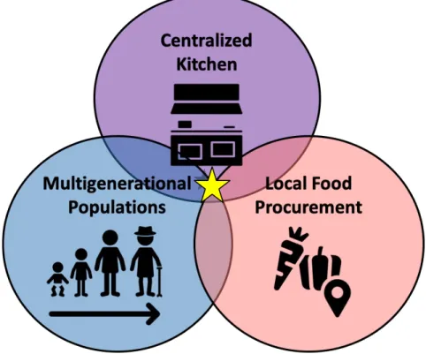 FIG has proposed a framework that entails three interconnected components: a (1)  centralized kitchen that provides high quality meals to (2) multigenerational populations at a  sustainable price, and is able to (3) source local foods in order to strengthe
