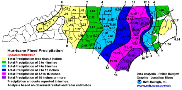 Figure 3: Estimated Rainfall over Eastern NC During Hurricane Floyd  Image Source: ESP Associates Inc