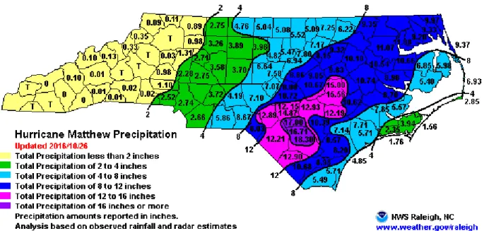 Figure 5: Estimated Rainfall over Eastern NC During Hurricane Mathew  Image Source: NOAA