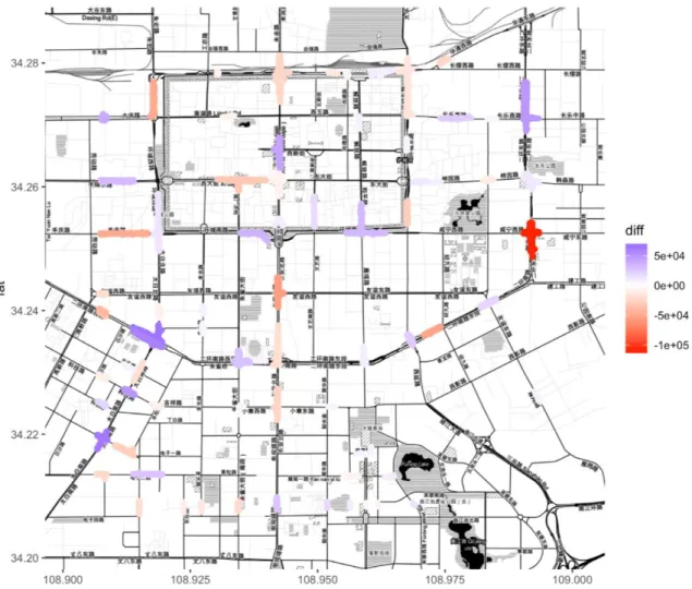 Figure 10. Difference between pick-ups and drop-offs from Oct. 1 st  to 30 th  (Red: drop-off more than pick-up) 
