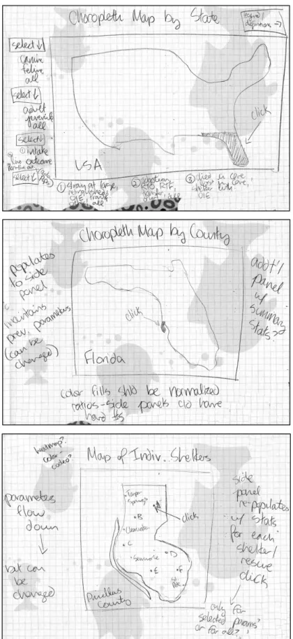 Figure 3. Initial sketches of the choropleth map, allowing drill-down  by state (top), county (middle), and individual organization (bottom).