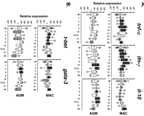 Figure 1Dynamics of pro- and anti-inflammatory markers in PBMC during pathogenic and non-pathogenic SIV infectionsmac-infected rhesus MACs and from 6 SIVagm-infected AGMs, respectively