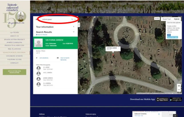 Figure 1 - Screenshot of the Search interface and returned result on the Oakwood Cemetery website
