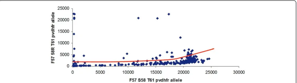 Figure 2 Increase of the allele-specific background (F57 58R T61 allele signal) observed proportionally to the intensity of anotherallele-specific signal (F57 S58 T61 allele signal).