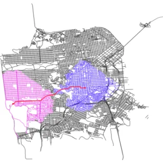 Figure 2.1.2: The search space required by the bidirectional variant of Dijkstra’s algorithm to find the red path
