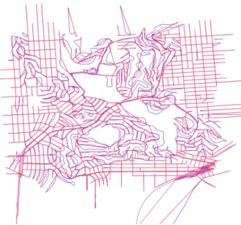 Figure 2.2.2: A full-sized graph in blue overlaid with its corresponding decision graph overlaid in red.