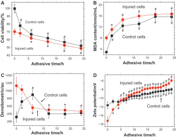 Figure 4 Changes in (dihydrate microcrystals and African green monkey kidney epithelial cells in both the control and injury groups.Notes: Abbreviations: A) cell viability, (B) malonaldehyde content, (C) osteopontin expression, and (D) zeta potential during the adhesion process between calcium oxalate *P , 0.05; #P , 0.01 compared with cells not exposed to calcium oxalate dihydrate microcrystals.h, hour; MDA, malonaldehyde.