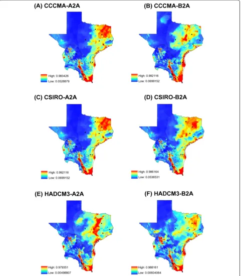 Figure 5 Future (year 2050) suitable habitat fordistributions forhabitat for Ixodes scapularis obtained with a maximum-entropy approach