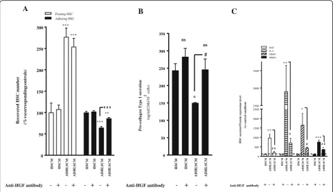 Fig. 4 Involvement of HGF in the effect of ADHLSCs on HSC proliferation and procollagen type I secretion.HSCs after 24 h of incubation with ADHLSC- or HSC-conditioned medium was evaluated after pre-incubation with or without an anti-HGF antibody.There was 