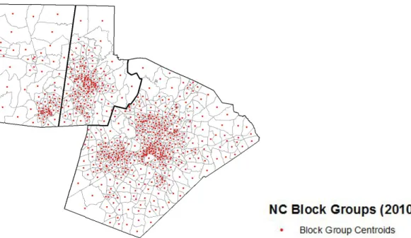 Figure 2. Block Group Centroids. This map illustrates the study area, which includes Wake,  Orange, and Durham counties, divided into block groups with the centroid marked in each block  group