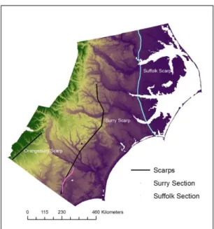 Figure 6. Map of the different scarps and surfaces that are plotted. 