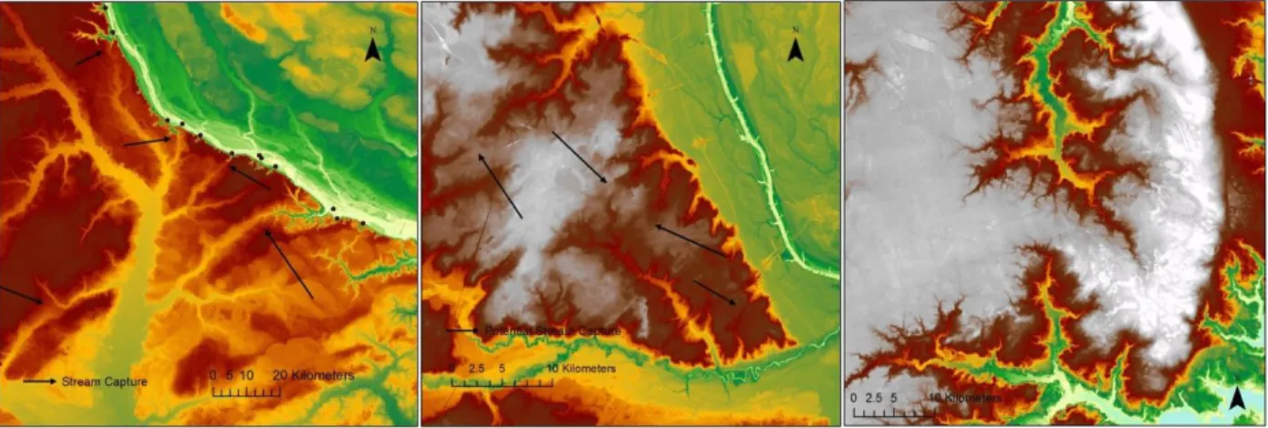 Figure 11. Images displaying the degree of stream capture. The first image shows definite stream capture, the second  image shows potential stream capture, and the last image shows no stream capture