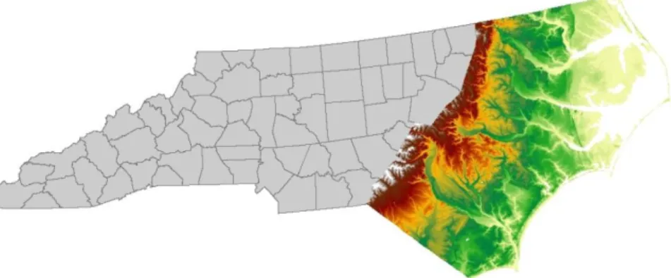 Figure 1. Map of North Carolina with area of interest, or the coastal plain, indicated by elevation data