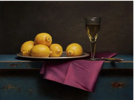Fig. 1. Still Life with Lemons and Purple Napkin. Jos Van Riswick, 2015. Oil on  panel, 60*45 cm