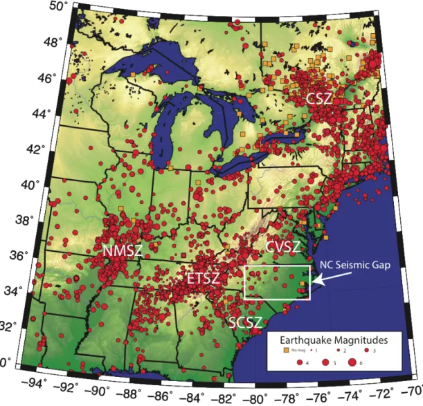 Figure 1: Map of seismicity in the eastern United States and Canada between 1568-2006 