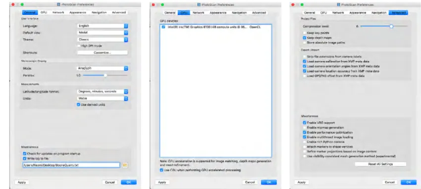 Figure	5:	Screen	shots	of	PhotoScan	Preferences	menu	showing	settings	used	in	construction	of	the	model 